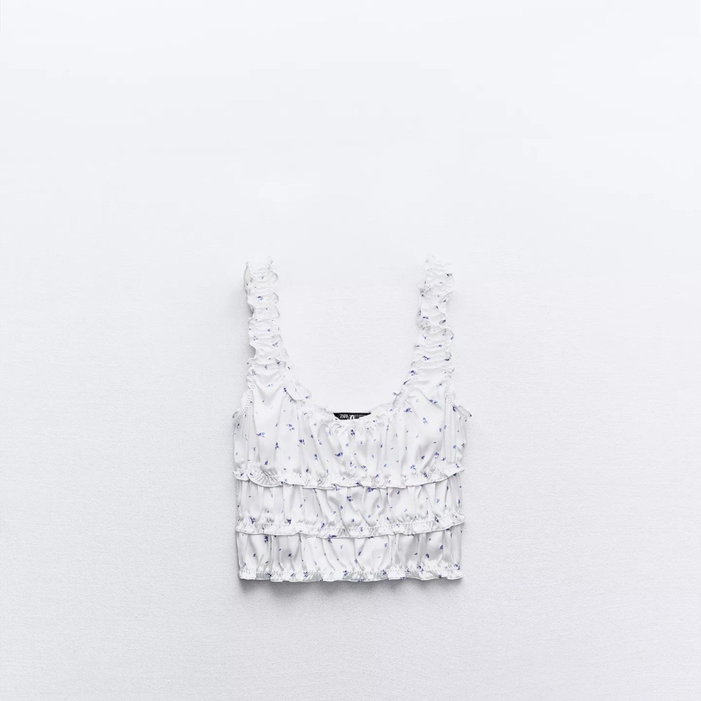 Zara White Ruffled Cropped Tank Top